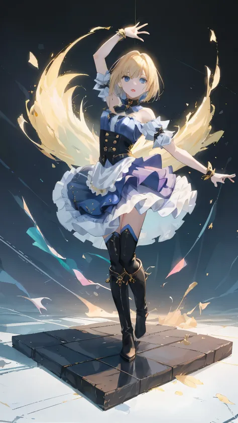 Gold hair, blue eyes, idol costume, long boots, layered skirt, short hair, ((a girl))