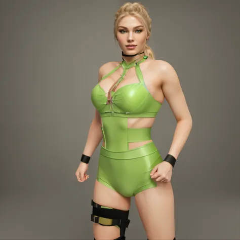 masterpiece, best quality, (extremely detailed CG unity 8k wallpaper), (best quality), (best illustration), (best shadow), blonde haired woman wrestler with hair in a pony tail green wrestling outfit black wrist tape and a knee brace, black eye makeup, bea...