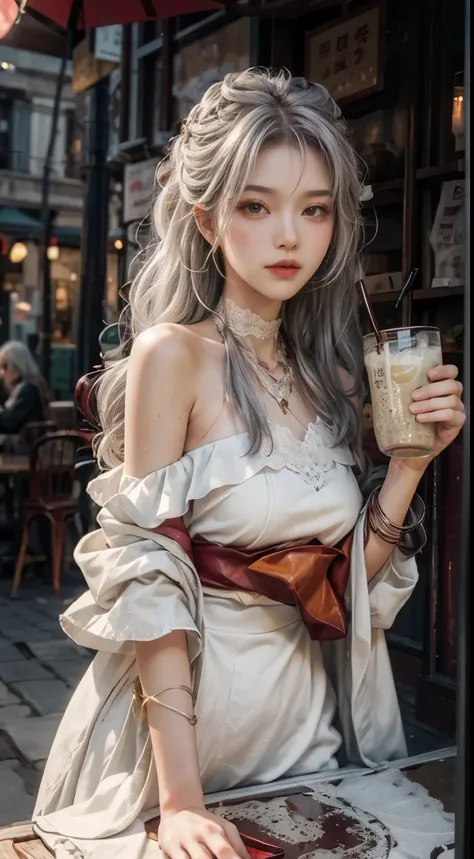 Half Body，original photo，next to empty table，Drink lemon juice，Gray lace，white hair，outdoor，Burgundy leather coat，bare shoulders，Long silver hair，In front of the milk tea shop