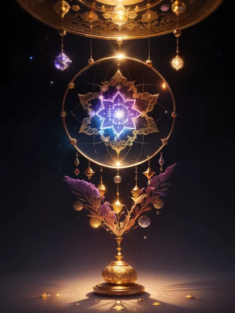 Crystal colorful flowers, magic, dream Catcher, universe , space, floating, moonlight, magic kanote gold  crystal pot,，Current Ions，Sun, moon and stars，galaxy，moon，Buddha&#39;s light，dharma，Staff，magnificent，atmosphere，sea，Majestic