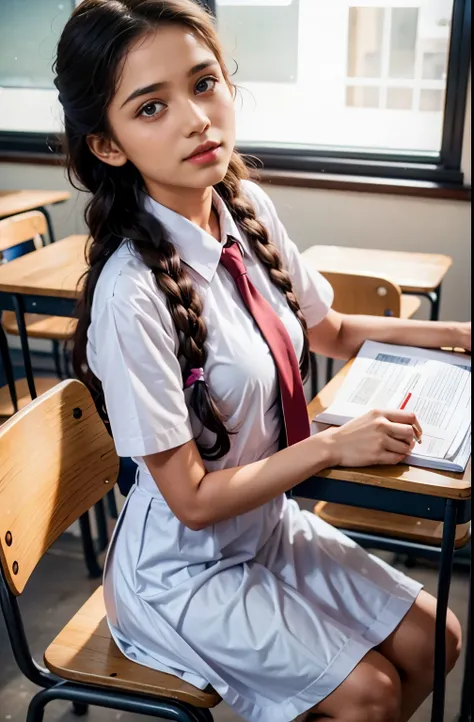 raw photo , 1 girl  ,wearing white frock and color tie, white shoes,  ((teen school girl studying on on in the classroom)), with...