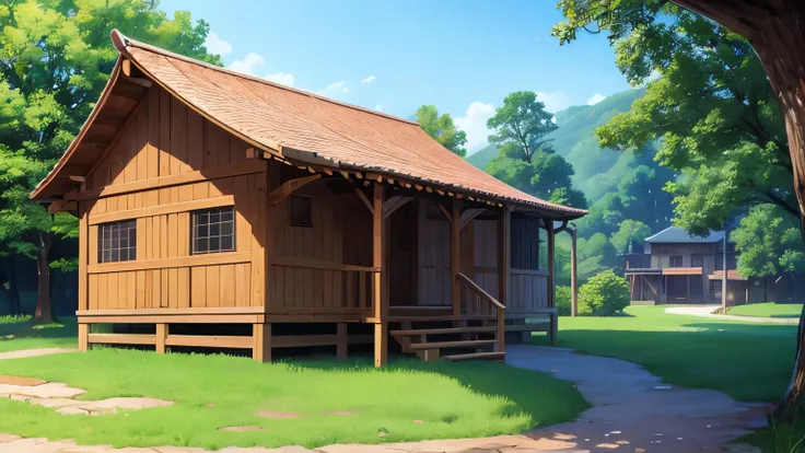 un pueblo muy pobre medival con pocas casas de madera y viejas, en el bosque, estilo anime.