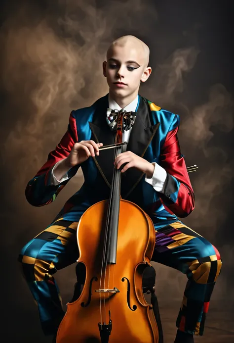 beautiful 14 year old boy in harlequin costume playing cello, competely bald, one stick in hand, smoky background, photorealistic best hdr quality