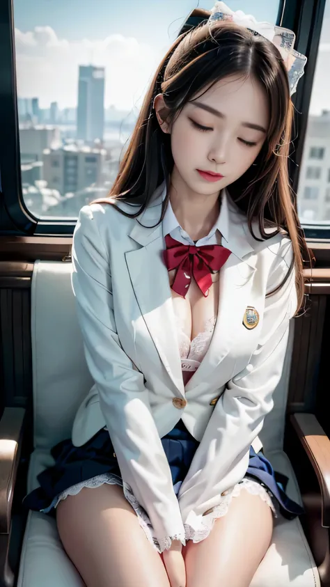 charming eyes，Heartwarming action，look away from the camera，raise your head，Thick and long black hair，Highly detailed body，highly detailed face，highest quality、(P私NK Underwear),(high school girl),((white blazer、chest emblem))、(white blouse),((red bow tie))...