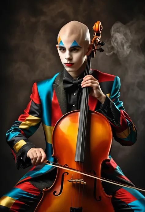 beautiful 14 year old boy in harlequin costume playing cello, competely bald, one stick in hand, smoky background, photorealistic best hdr quality