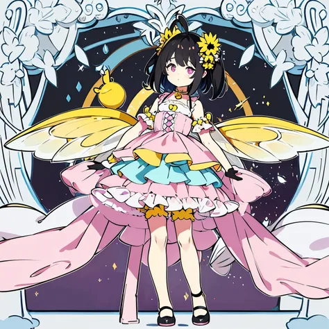 Bee girl, with white and black hair, soft looking yellow skin. Black Sclera and baby blue eye color, wears a pink dress, with puffy shorts sleves, wears long pink gloves, has bee fairy wings, bee antennas, has dark purple thights and pink Heels.