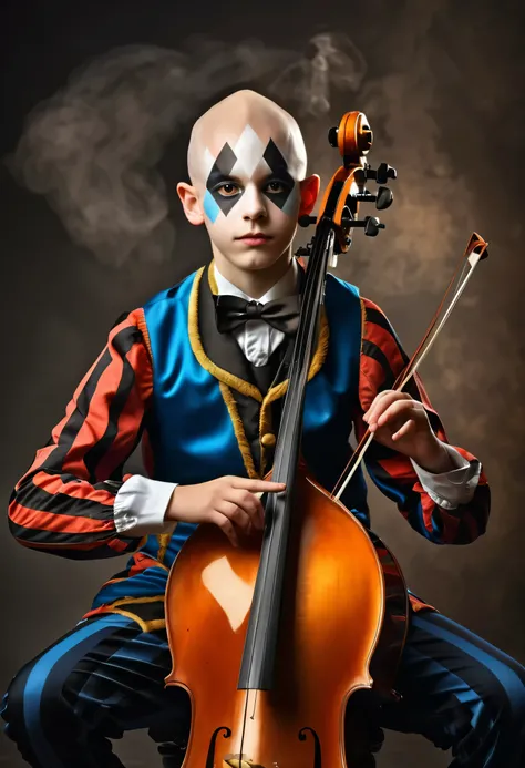 beautiful 14 year old boy in harlequin costume playing cello, competely bald, one stick in hand, smoky background, photorealistic best hdr quality