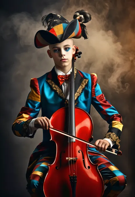 beautiful 14 year old boy in harlequin costume playing cello, competely bald, one stick in hand, smoky background, photorealistic best hdr quality