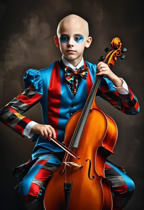 beautiful 14 year old boy in harlequin costume playing cello, competely bald, one stick in hand, smoky background, photorealistic best hdr quality