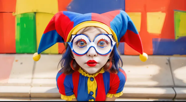 girl, jester, big eyes, red and blue hat with yellow edge, red and blue clothe