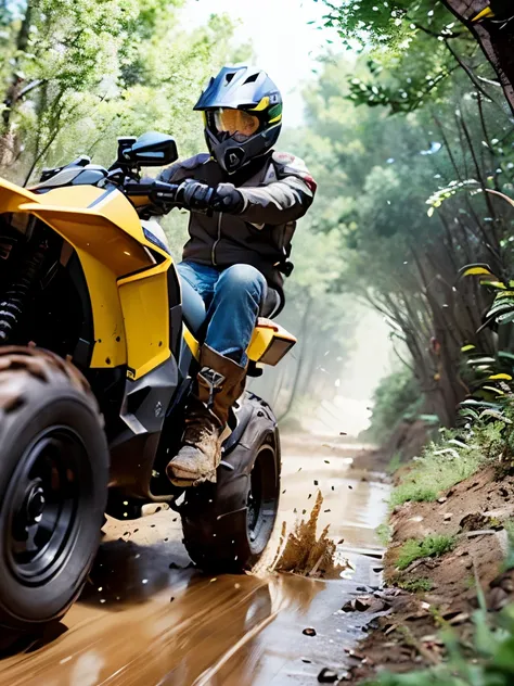 4-round off-road adventure, ATV (extremely detailed CG unity 8k wallpaper, Depth of field, Cinematic Light, Lens Flare, Ray tracing, Extremely rugged terrain, Dusty roads, Muddy puddles, Rough textures, Realistic ATV vehicle, Detailed off-road tires, Mud s...