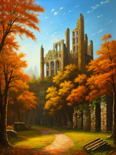 , late autumn ruins, high quality, highly detailed, illustration, impasto, canvas, oil painting, fantasy,