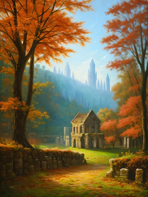 , late autumn ruins, high quality, highly detailed, illustration, impasto, canvas, oil painting, fantasy,