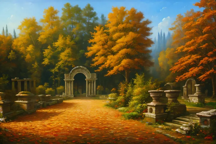 , late autumn ruins, high quality, highly detailed, illustration, impasto, canvas, oil painting, fantasy,