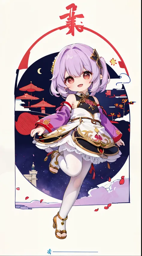 1girll, Solo, purple hair, Red eyes, Short hair, purple shirt, Open mouth, Smile, Red antique cheongsam，Superskirt，National style，on cheongsam, Hood,, view the viewer, kazami yuuka, Long sleeves, Open clothes, bangs, mitts, lacepantyhose ，black lence stock...