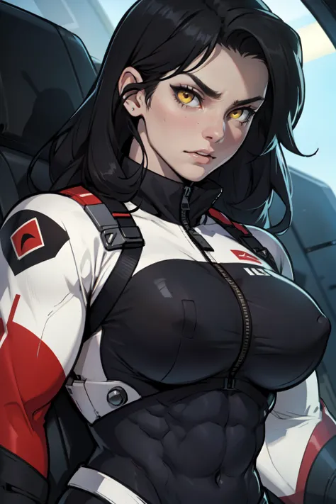 1 girl, black hair, yellow eyes, very long hair, pale skin, ((((extremely muscular)))), large breasts, (confident expression), pilot suit, close up