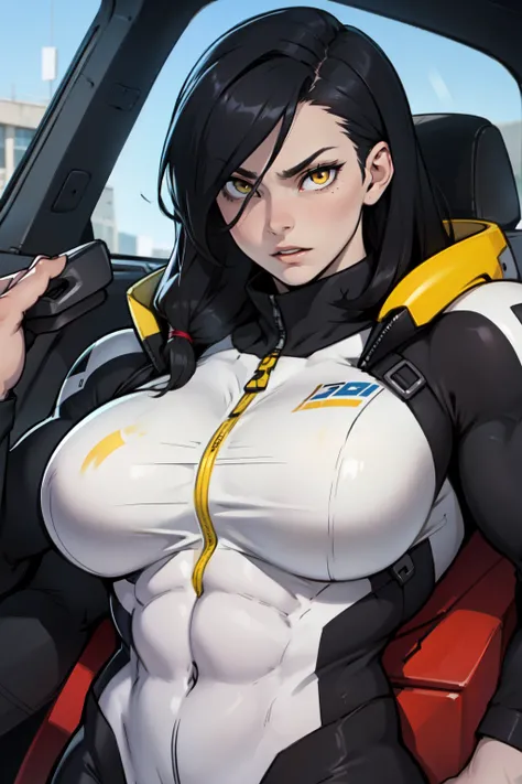 1 girl, black hair, yellow eyes, very long hair, pale skin, ((((extremely muscular)))), large breasts, (confident expression), pilot suit, close up