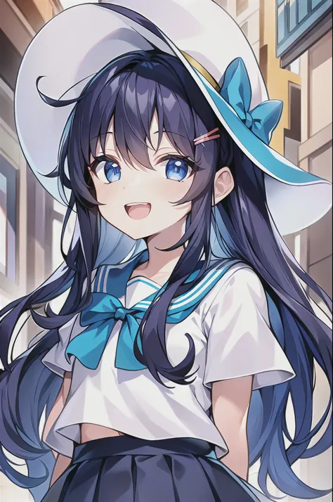 (((masterpiece))) (((highest quality))), (((beautiful))), (((8K))), (((High resolution))), (1 girl:1.3), (child:1.5), (Loli:1.2), (Dark blue straight long hair:1.3), (very long, Dark blue sideburns), (Very wide parted dark blue bangs:1.3), (Simple hair cli...