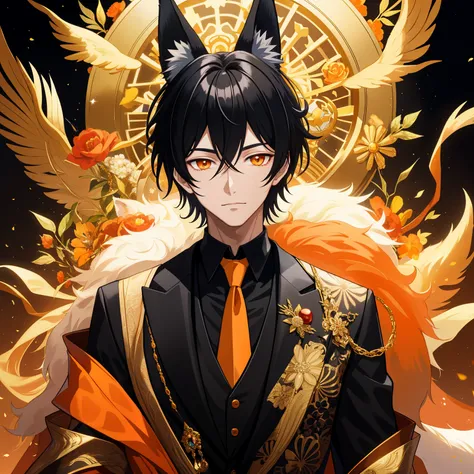 A young man with black hair and captivating orange eyes, adorned with fox ears, passed by in a stunning anime art piece. He wore a sleek black suit and an orange tie, his golden crown glinting in the beautiful light and shadow of the white background. The ...