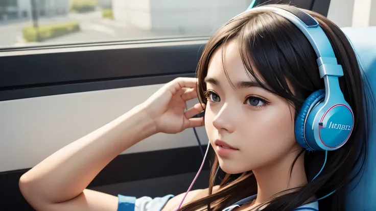 A girl is listening to music through headphones