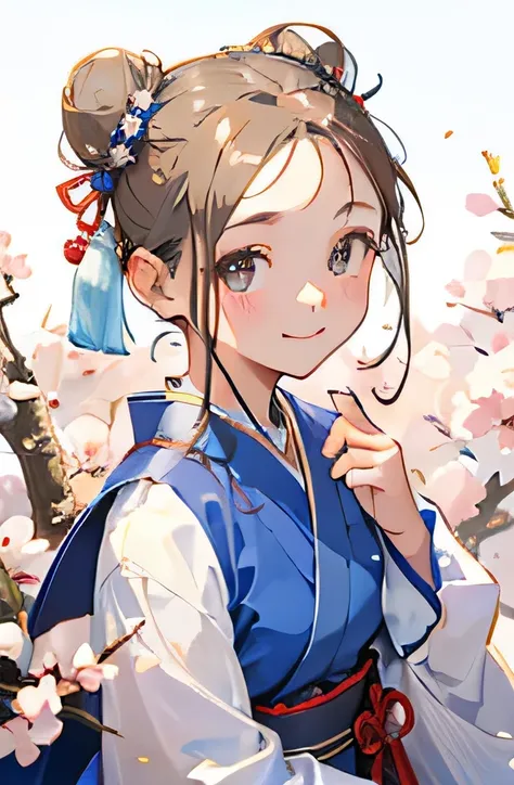 highest quality、realistic、Japanese、Women、zoom、cute、gray eyes、bun hair、chestnut hair、All back、The forehead is protruding、Blue Chinese Dress、No sleeve、Looking down、Big smile、Bust Shot、thin、Small breasts