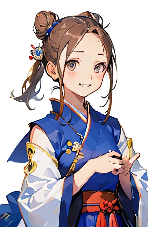 highest quality、realistic、Japanese、Women、zoom、cute、gray eyes、bun hair、chestnut hair、All back、The forehead is protruding、Blue Chinese Dress、No sleeve、Looking down、Big smile、Bust Shot、thin、Small breasts