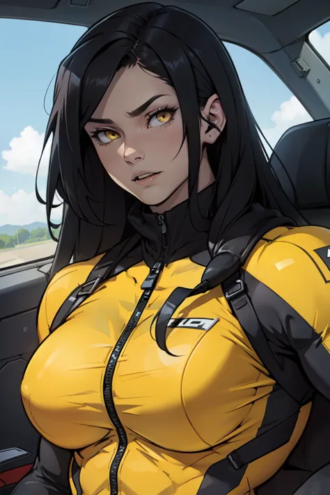 1 girl, black hair, yellow eyes, very long hair, pale skin, ((((extremely muscular)))), large breasts, (confident expression), pilot suit, close up