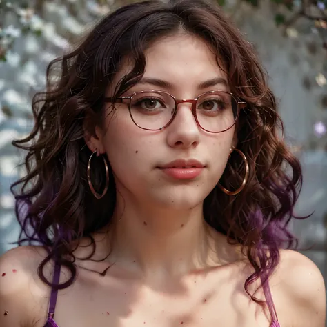 Slightly curly hair, rimless glasses, small spots under the corners of the mouth, / note lilac earrings, slightly closed mouth, red lips, surrealism, high detail, strong chiaroscuro, film graininess, panorama, ultra high-definition, precise, textured skin.