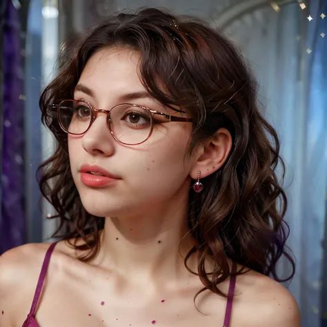 Slightly curly hair, rimless glasses, small spots under the corners of the mouth, / note lilac earrings, slightly closed mouth, red lips, surrealism, high detail, strong chiaroscuro, film graininess, panorama, ultra high-definition, precise, textured skin.