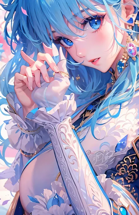 ((highest quality)), ((masterpiece)), (Get used to it), Perfect Face , beautiful girl , Medium breast , Long and beautiful blue hair ,  Clear blue eyes , blue rose ,