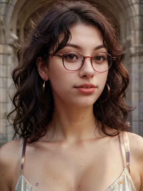 Slightly curly hair, rimless glasses, small spots under the corners of the mouth, / note lilac earrings, slightly closed mouth, red lips, surrealism, high detail, strong chiaroscuro, film graininess, panorama, ultra high-definition, precise, textured skin.