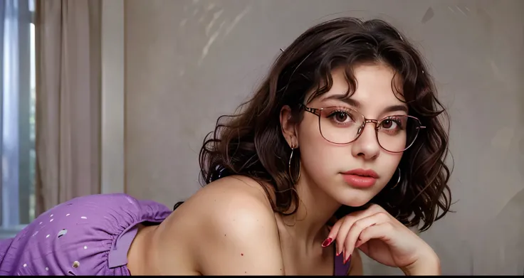 Slightly curly hair, rimless glasses, small spots under the corners of the mouth, / note lilac earrings, slightly closed mouth, red lips, surrealism, high detail, strong chiaroscuro, film graininess, panorama, ultra high-definition, precise, textured skin.