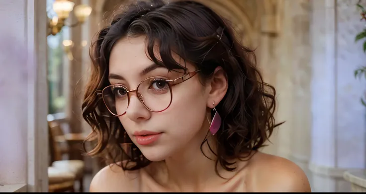 Slightly curly hair, rimless glasses, small spots under the corners of the mouth, / note lilac earrings, slightly closed mouth, red lips, surrealism, high detail, strong chiaroscuro, film graininess, panorama, ultra high-definition, precise, textured skin.