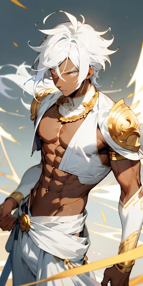 Dark skin man with glowing powerful eyes, pastel white hair, male, showing chest, showing midriffs, anime style, 4k image, close up, abs, greek god outfit, wearing golden laurel halo, ethereal, temple castle background