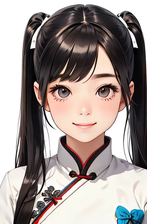 highest quality、realistic、Japanese、Women、zoom、cute、gray eyes、Twin tails、chestnut hair、All back、The forehead is protruding、white cheongsam、No sleeve、Looking down、Big smile、Bust Shot、thin、small breasts