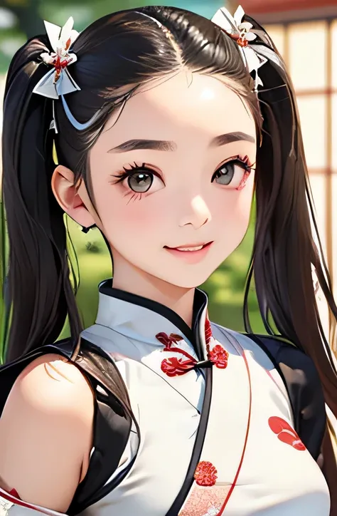 highest quality、realistic、Japanese、Women、zoom、cute、gray eyes、Twin tails、chestnut hair、All back、The forehead is protruding、white cheongsam、No sleeve、Looking down、Big smile、Bust Shot、thin、small breasts