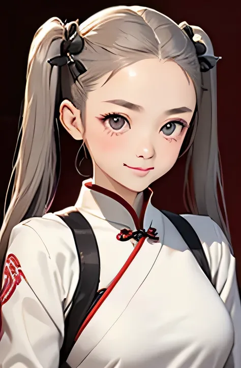 highest quality、realistic、Japanese、Women、zoom、cute、gray eyes、Twin tails、chestnut hair、All back、The forehead is protruding、white cheongsam、No sleeve、Looking down、Big smile、Bust Shot、thin、small breasts