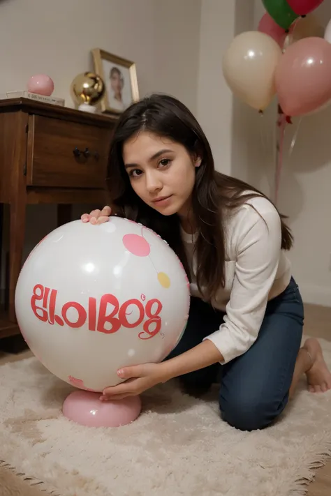 ((mujer joven latina)), ((inflando un globo grande)), (sentada en un mueble blanco), with small balloons around it

