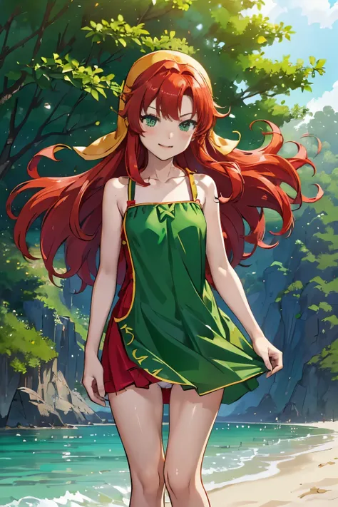 High resolution、highest quality、Small stature、small shoulder width、white skin、long hair、slender、maribel、 red hair、(((long green dress、Green Mini Dress))),  hood、blush、smile、Thin thighs、((outdoor、beach))、(((Are standing、The strong wind is showing her white ...