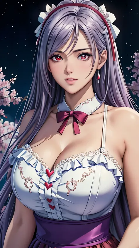 red eyes, (highest quality, masterpiece painting:1.3), immature woman, 16 years old, (half body shot), masterpiece, ultra high resolution, (Photoreal:1.0), light purple hair,straight hair, beautiful shining hair, white and shining skin, ((Ultra realistic d...