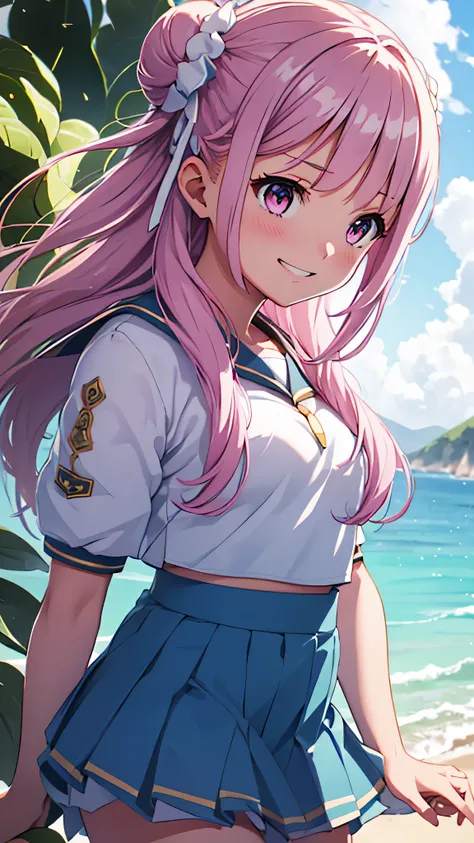 cg, unity, 8k, wallpaper, highest quality, masterpiece, 1 Girl, Cheerful girl, 17 years old, Kunimi Tama,Idol Pose, (bright smile: 1.2), white sailor suit, (Blue Collar, blue skirt: 1.3), Short sleeve, barefoot, best writing, Complex pupil, Complex weaving...