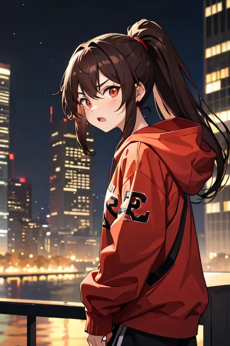 1girl,20y.o,brown hair,ponytail hair,red eyes,Lakers Basketball black hoodie,embarassed expression,evening city background