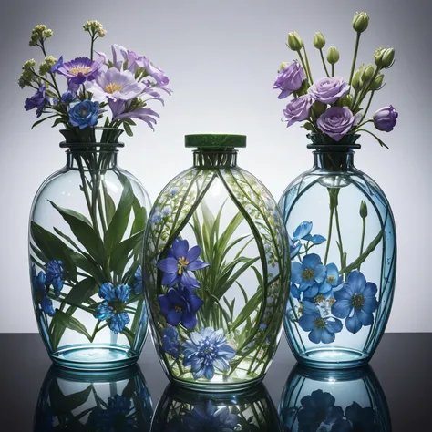 Create a hyperrealistic artwork in 4K resolution, showcasing insect-eater flowers meticulously crafted from recycled plastic bottles. Each bottles intricate details should be distinctly portrayed, merging seamlessly into the intricate structures of the bot...