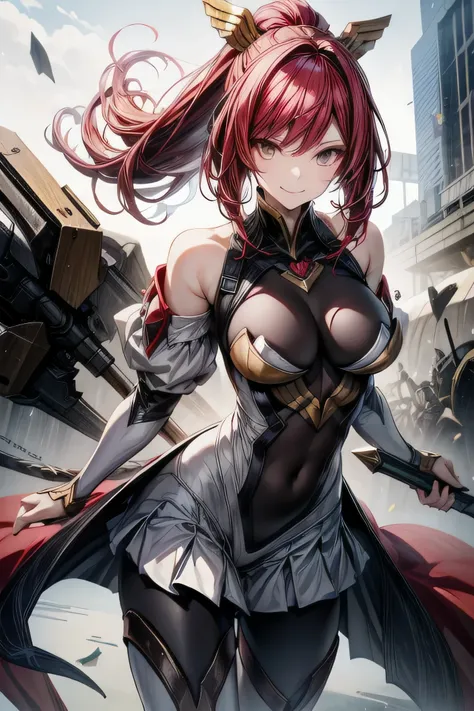 Izayoi (blazblue), orange eyes, red hair, ponytail, long hair, large breasts, armor, bodysuit, boots, skin tight, skirt, thigh boots, thighhighs, 1girl, solo, facing viewer, looking at viewer, upper body, smile,
