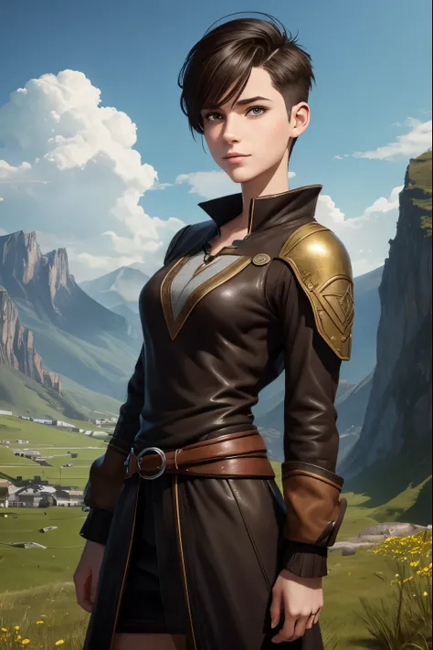 A happy young woman with an undercut in a fantasy setting. A rogue. Very androgynous looking. In a good mood. Sympathic. Kind. Tomboyish. Androgynous. Slim body. Very . Very small breasts. Wide hips. Thick legs. Face: Extremly pale skin with liverspots and...