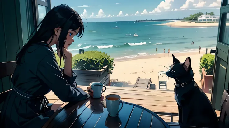 A beautiful brunette girl with long hair and a blazer uniform talks with Black Cat at the seaside cafe, Black cat, seaside cafe, coffee, Calm and gentle tempo, gentle sunlight, The sea is visible through the open window and a gentle breeze is blowing