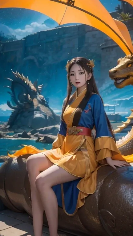 16K HD，Movie perspective lighting，masterpiece，Middle school student in bright orange chiffon dress sitting on a large 鹿角 statue, queen of the sea mu 奈斯 ling, cinematic, by Super Realism, the dragon girl portrait, Guan Xiaotong fantasy, wl op and ross winte...