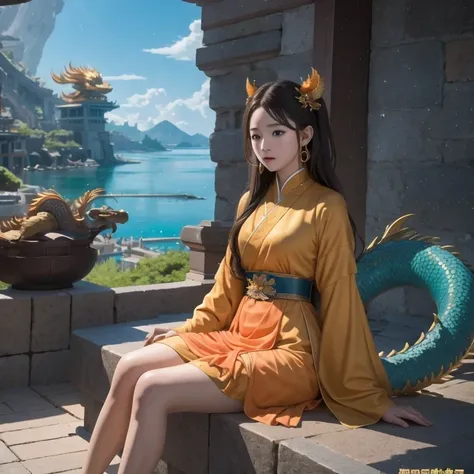 16K HD，Movie perspective lighting，masterpiece，Middle school student in bright orange chiffon dress sitting on a large 鹿角 statue, queen of the sea mu 奈斯 ling, cinematic, by Super Realism, the dragon girl portrait, Guan Xiaotong fantasy, wl op and ross winte...