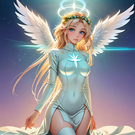 a picture of a glowing angel with a halo on its head, digital art by Eugeniusz Zak, flickr, digital art, glowing angelic being, ethereal angelic being of light, wings made of light, angelic light, beautiful gothic xray angel, glowing holy aura, white glowi...