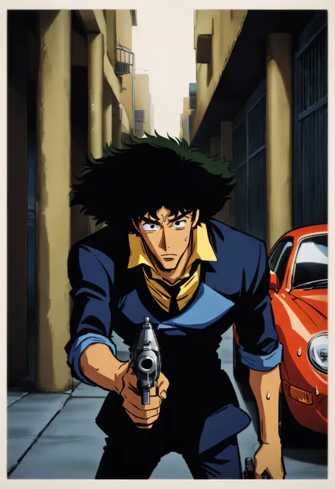 cowboy bebop, action, spike spiegel holding pistol behind parking pillar, sweat on forehead, sports car